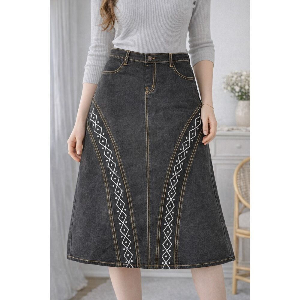 Xpress XL Black Denim A-Line Skirt Embroidered Boho High Waist Midi Stretch